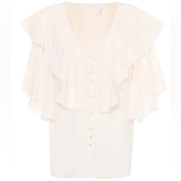 Chloé Ruffled Collar Silk Crepe de Chine Blouse Button Front V-Neck White NWT - Picture 9 of 14